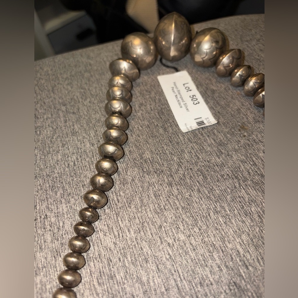 Hand stamped silver pearl necklace- Navajo Style Necklace - Silver - Picture 6 of 7